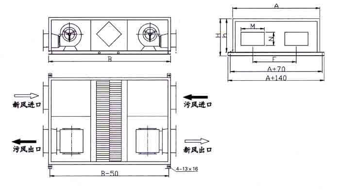 中型吊頂式新風(fēng)換氣機(jī)結(jié)構(gòu)尺寸圖
